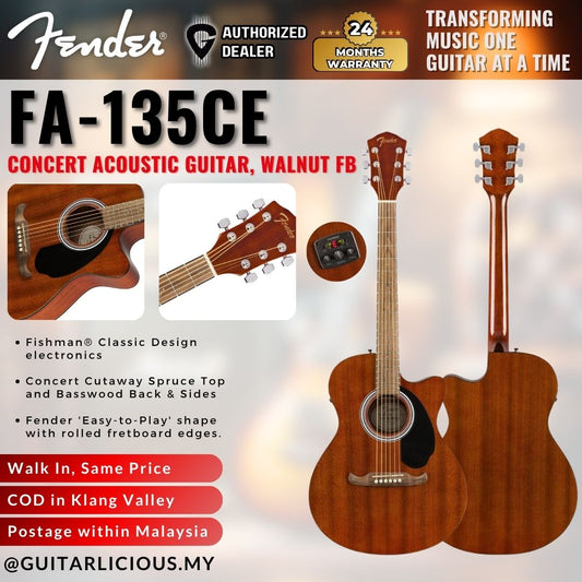 Fender FA-135CE Concert Acoustic Guitar, Walnut FB, Natural Mahogany ( FA 135CE / FA135CE )