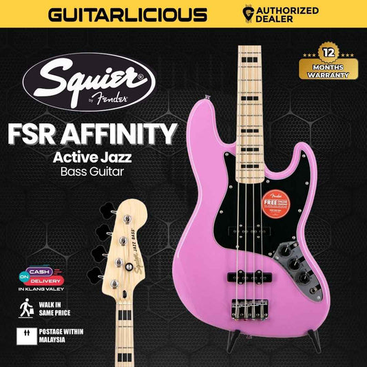 Squier FSR Affinity Series Active Jazz Bass Guitar, Maple FB, Flash Pink