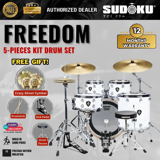 Sudoku Freedom Acoustic Drum Set  + Crazy Ghost Cymbals Set w/Drum Throne, Drumsticks, Single Pedal-Sparkle White