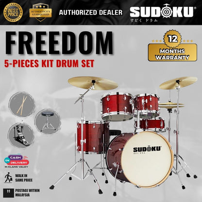 Sudoku Freedom Acoustic Drum Set  + Cymbals Set w/Drum Throne, Drumsticks, Single Pedal - Hairline Red