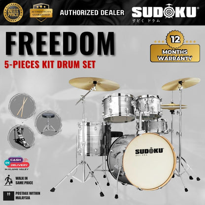 Sudoku Freedom Acoustic Drum Set  + Cymbals Set w/Drum Throne, Drumsticks, Single Pedal - Hairline Silver