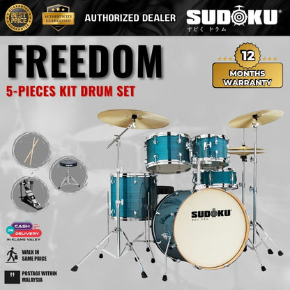 Sudoku Freedom Acoustic Drum Set  + Cymbals Set w/Drum Throne, Drumsticks, Single Pedal - Hairline Blue
