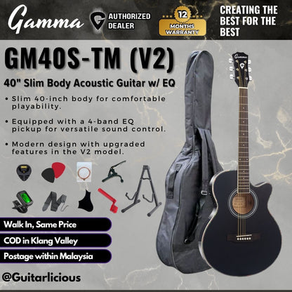 Gamma 40" Slim Body Acoustic Guitar w EQ GM40S-TM (V2) - Black