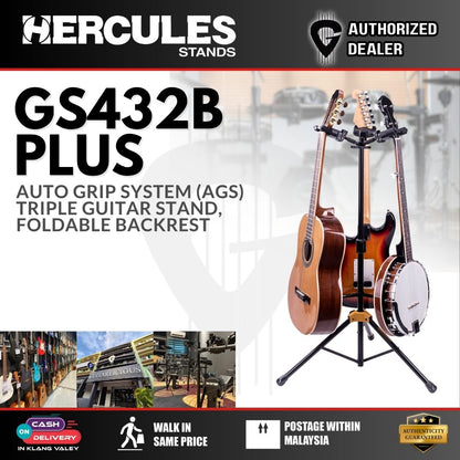 Hercules GS432B Plus Universal AutoGrip Tri Guitar Stand with Foldable Backrest - (UKS100B)