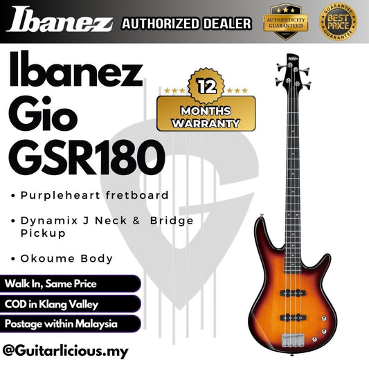 Ibanez GSR180 Gio Series 4 String Electric Bass, Brown Sunburst (GSR180-BS)