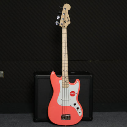 Squier Sonic Bronco 4 String Bass Guitar with White Pickguard, Maple FB - Tahitian Coral