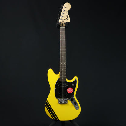 Squier FSR Bullet Competition HH Mustang Guitar w/ Black Stripes, Laurel FB, Graffiti Yellow