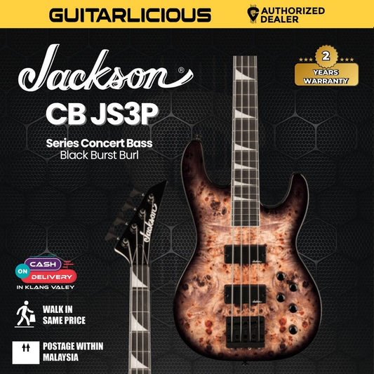 Jackson JS Series Concert Bass CB JS3P Bass Guitar, Amaranth FB, Transparent Black Burst Burl