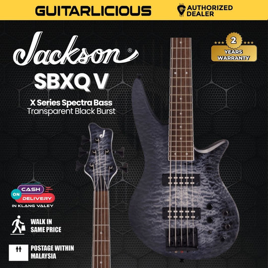 Jackson X Series Spectra Bass SBXQ V Electric Bass Guitar, Laurel FB, Transparent Black Burst