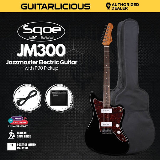 SQOE JM300 Jazzmaster Electric Guitar with P90 Pickup With Roasted Maple Neck - Black ( JM300 / JM-300 )