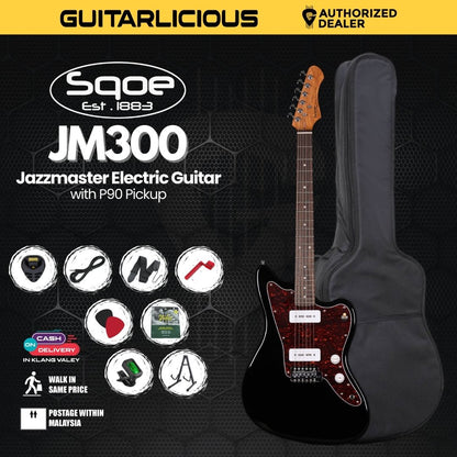 SQOE JM300 Jazzmaster Electric Guitar with P90 Pickup With Roasted Maple Neck - Black ( JM300 / JM-300 )