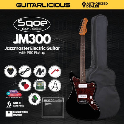 SQOE JM300 Jazzmaster Electric Guitar with P90 Pickup With Roasted Maple Neck - Black ( JM300 / JM-300 )