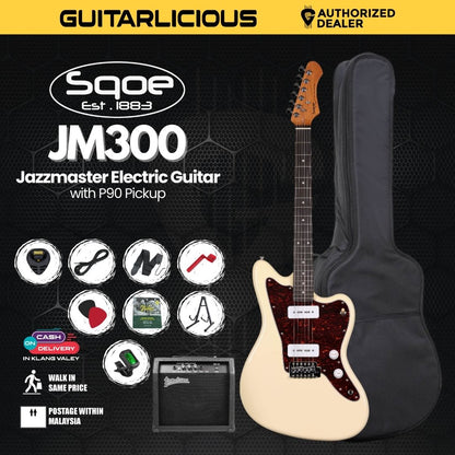 SQOE JM300 Jazzmaster Electric Guitar with P90 Pickup With Roasted Maple Neck - White ( JM300 / JM-300 )