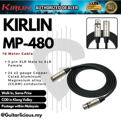 Kirlin MP-480 XLR Male to XLR Female 3-Pin Microphone Cable -24AWG (Chrome Head) - 3m / 6m / 10m ( MP480 / MP 480 )