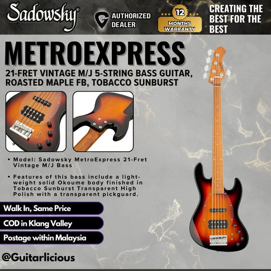 Sadowsky MetroExpress 21-Fret Vintage M/J 5-String Bass Guitar, Roasted Maple FB, Tobacco Sunburst