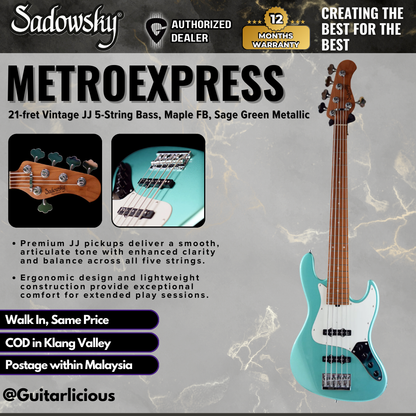 Sadowsky MetroExpress 21-fret Vintage JJ 5-String Bass Guitar, Maple FB, Sage Green Metallic