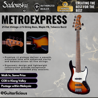 Sadowsky MetroExpress 21-fret Vintage JJ 5-String Bass Guitar, Maple FB, Tobacco Burst