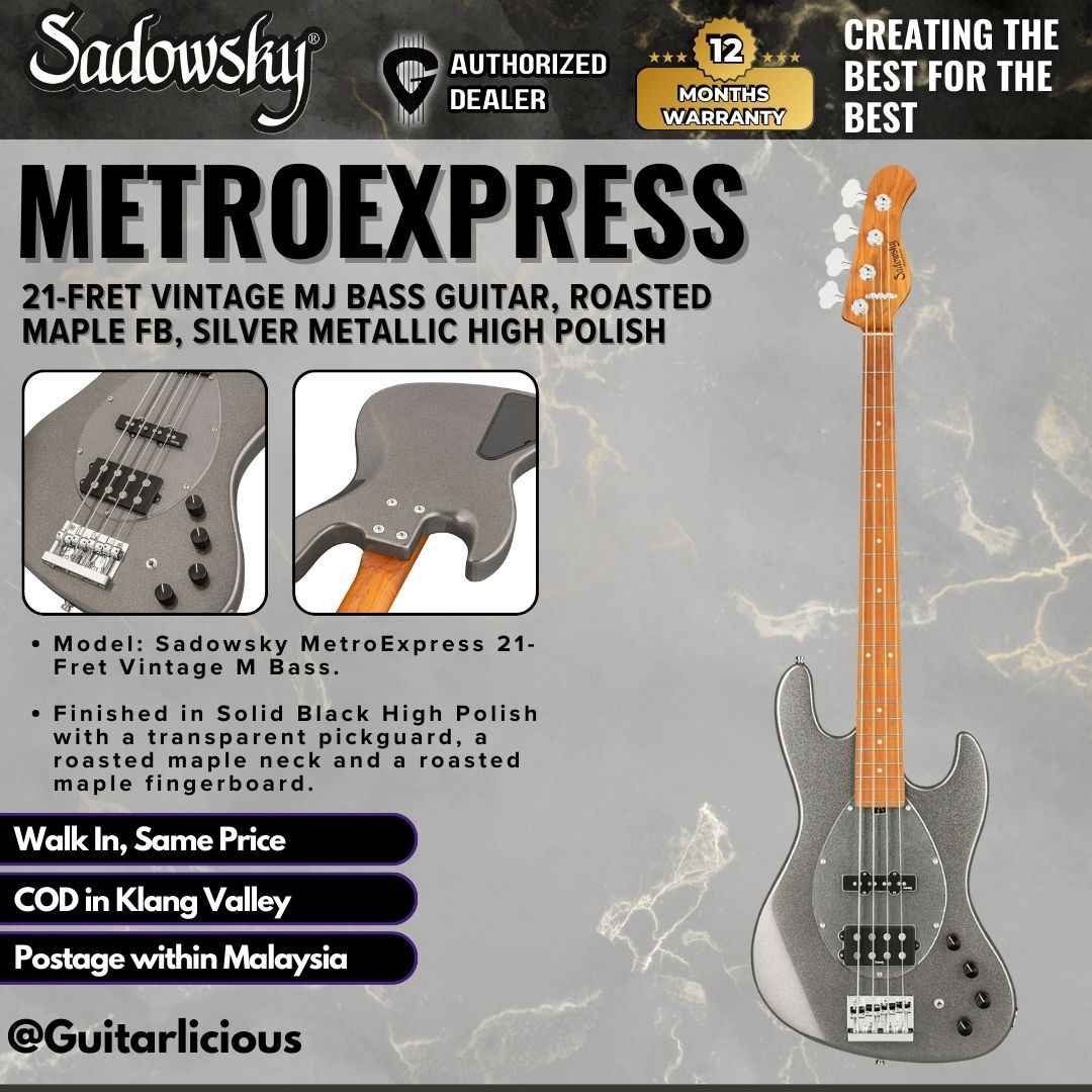 Sadowsky MetroExpress 21-fret Vintage MJ Bass Guitar, Roasted Maple FB, Silver Metallic High Polish