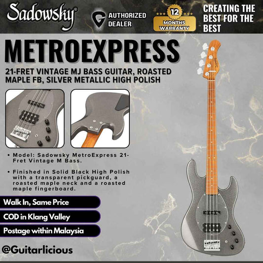 Sadowsky MetroExpress 21-fret Vintage MJ Bass Guitar, Roasted Maple FB, Silver Metallic High Polish