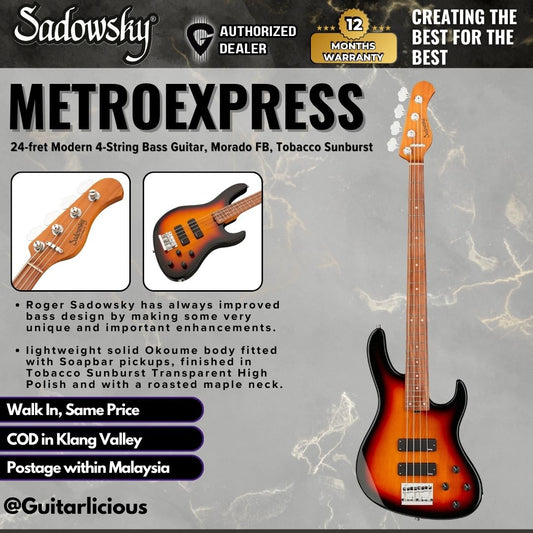 Sadowsky MetroExpress 24-fret Modern 4-String Bass Guitar, Morado FB, Tobacco Sunburst