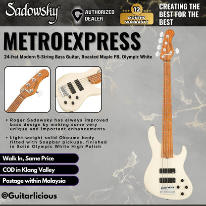 Sadowsky MetroExpress 24-fret Modern 5-String Bass Guitar, Roasted Maple FB, Olympic White
