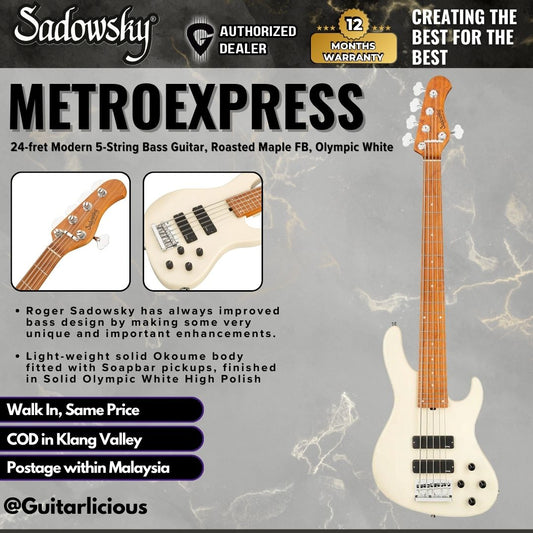 Sadowsky MetroExpress 24-fret Modern 5-String Bass Guitar, Roasted Maple FB, Olympic White