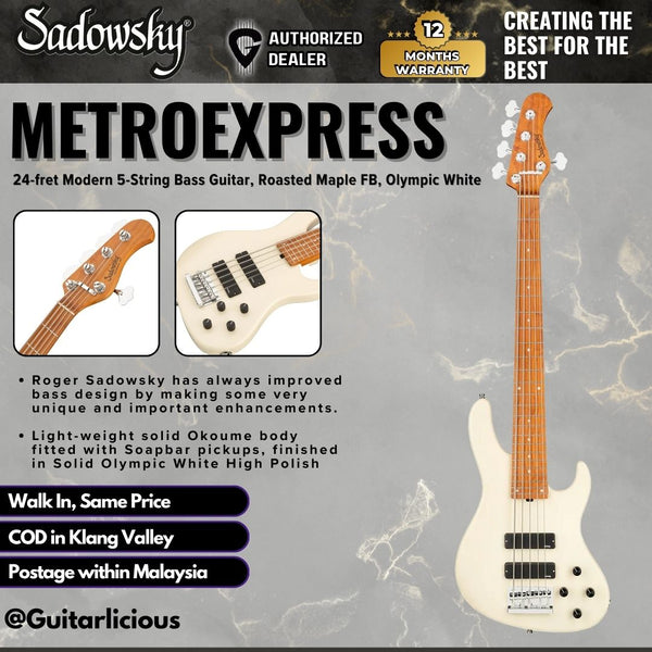 Sadowsky MetroExpress 24-fret Modern 5-String Bass Guitar, Roasted Maple FB, Olympic White