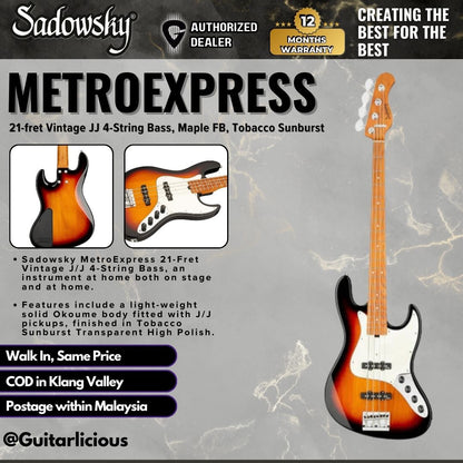 Sadowsky MetroExpress 21-fret Vintage JJ 4-String Bass Guitar, Maple FB, Tobacco Sunburst