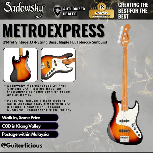 Sadowsky MetroExpress 21-fret Vintage JJ 4-String Bass Guitar, Maple FB, Tobacco Sunburst