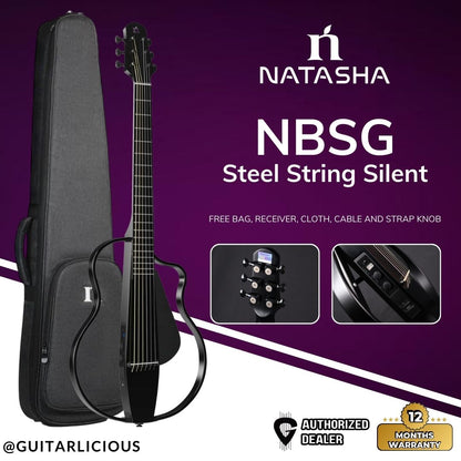 Natasha NBSG Steel String Silent Smart Guitar (with apps Control, and Free Wireless Transmitter & Receiver) - Black