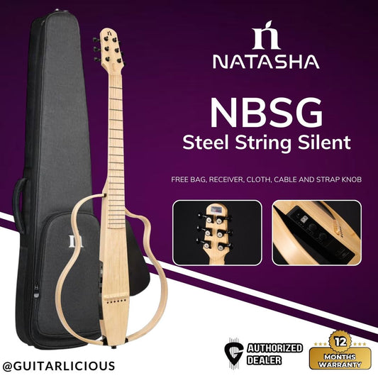 Natasha NBSG Steel String Silent Smart Guitar (with apps Control, and Free Wireless Transmitter & Receiver) - Natural