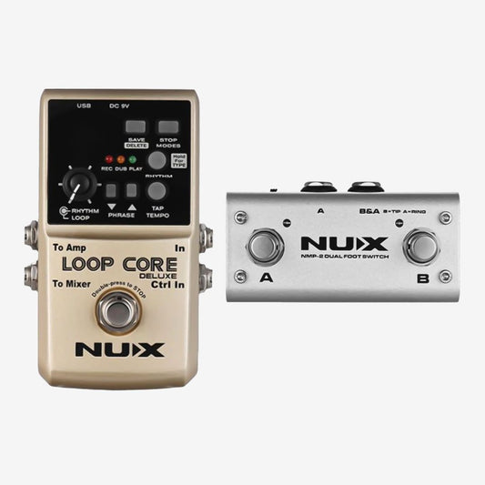 NUX Loop Core Deluxe Effect Drum Rhytm Pedal Bundle with NMP-2 Dual Footswitch