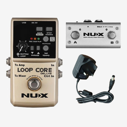 NUX Loop Core Deluxe Effect Drum Rhytm Pedal Bundle with NMP-2 Dual Footswitch