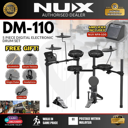 NUX DM-110 5 Piece Digital Electronic Drum Set With Kick Pedal Package (DM110 DM1)