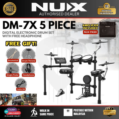 NUX DM-7X 5-Piece Digital Electronic Drum Set with FREE Headphone (DM7X DM-7X DM 7X DM7 )