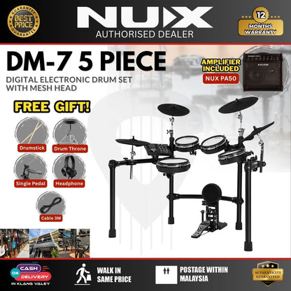 NUX DM-7 5-Piece Digital Electronic Drum Set with Mesh Head (DM7 DM 7)