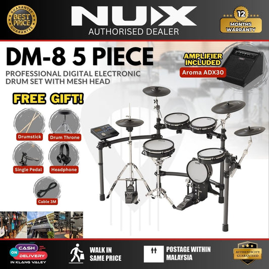 NUX DM-8 5-Piece Professional Digital Electronic Drum Set with Mesh Head ( DM8 / DM 8 / Set with Drum Amplifier )