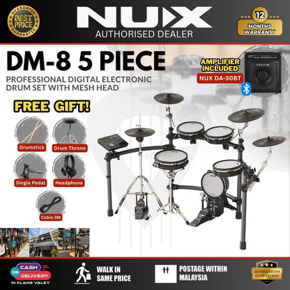 NUX DM-8 5-Piece Professional Digital Electronic Drum Set with Mesh Head ( DM8 / DM 8 / Set with Drum Amplifier )