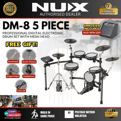 NUX DM-8 5-Piece Professional Digital Electronic Drum Set with Mesh Head ( DM8 / DM 8 / Set with Drum Amplifier )