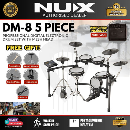 NUX DM-8 5-Piece Professional Digital Electronic Drum Set with Mesh Head ( DM8 / DM 8 / Set with Drum Amplifier )
