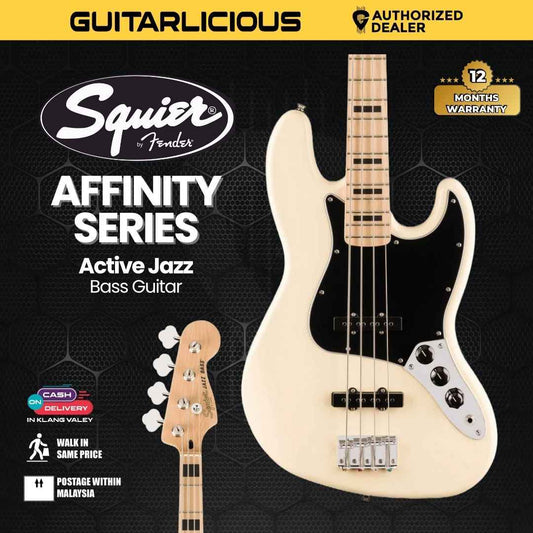Squier Affinity Series Active Jazz Bass Guitar, Maple FB, Olympic White