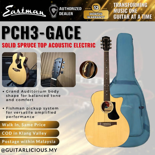 Eastman PCH3-GACE Acoustic Electric Guitar, Solid Sitka Spruce Top & Maple Wood Back and Sides, using Eastman Pickup by Fishman - Classic