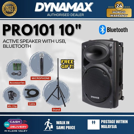 Dynamax PRO101 10" Active Speaker with USB, Bluetooth, 1 Handheld Microphone and 1 Clip Mic,Dynamax PRO101 10" Active Speaker with USB, Bluetooth