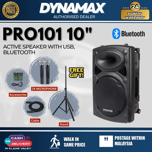 Dynamax PRO101 10" Active Speaker with USB, Bluetooth, 1 Handheld Microphone and 1 Clip Mic,Dynamax PRO101 10" Active Speaker with USB, Bluetooth