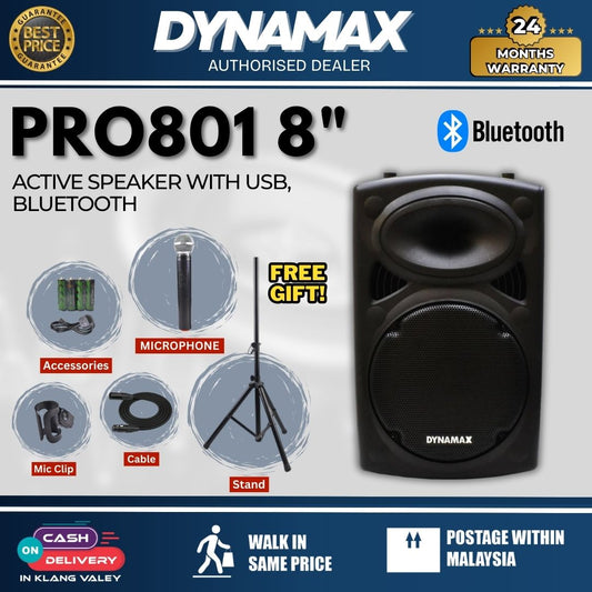 Dynamax PRO801 8" Active Speaker with USB, Bluetooth, 1 Handheld Microphone and 1 Clip Mic