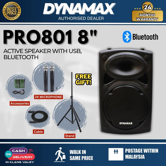 Dynamax PRO801 8" Active Speaker with USB, Bluetooth, 1 Handheld Microphone and 1 Clip Mic