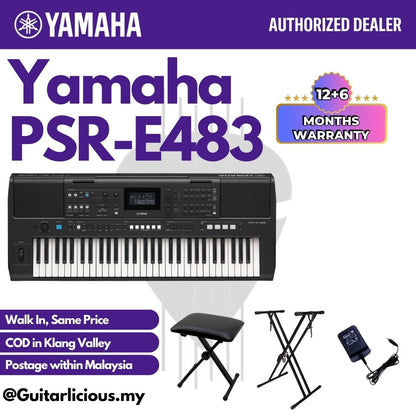 Yamaha Keyboards PSR-E483 61-Keys Portable Keyboard with Original Adapter