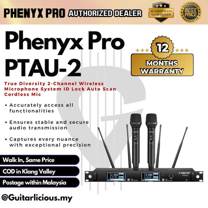 Phenyx Pro PTAU-2 True Diversity 2-Channel Wireless Microphone System ID Lock Auto Scan Cordless Mic