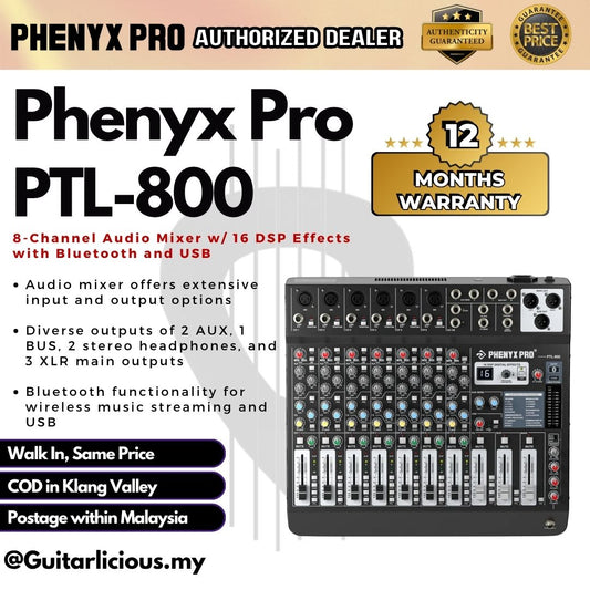 Phenyx Pro PTL-800 8-Channel Audio Mixer w/ 16 DSP Effects with Bluetooth and USB