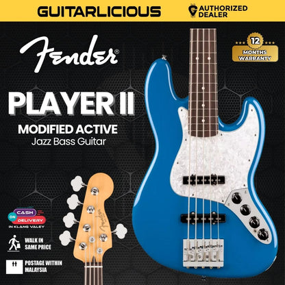 Fender Player II Modified Active Jazz Bass V Guitar, RW FB, Electric Blue
